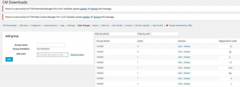 Registration codes and access permission groups